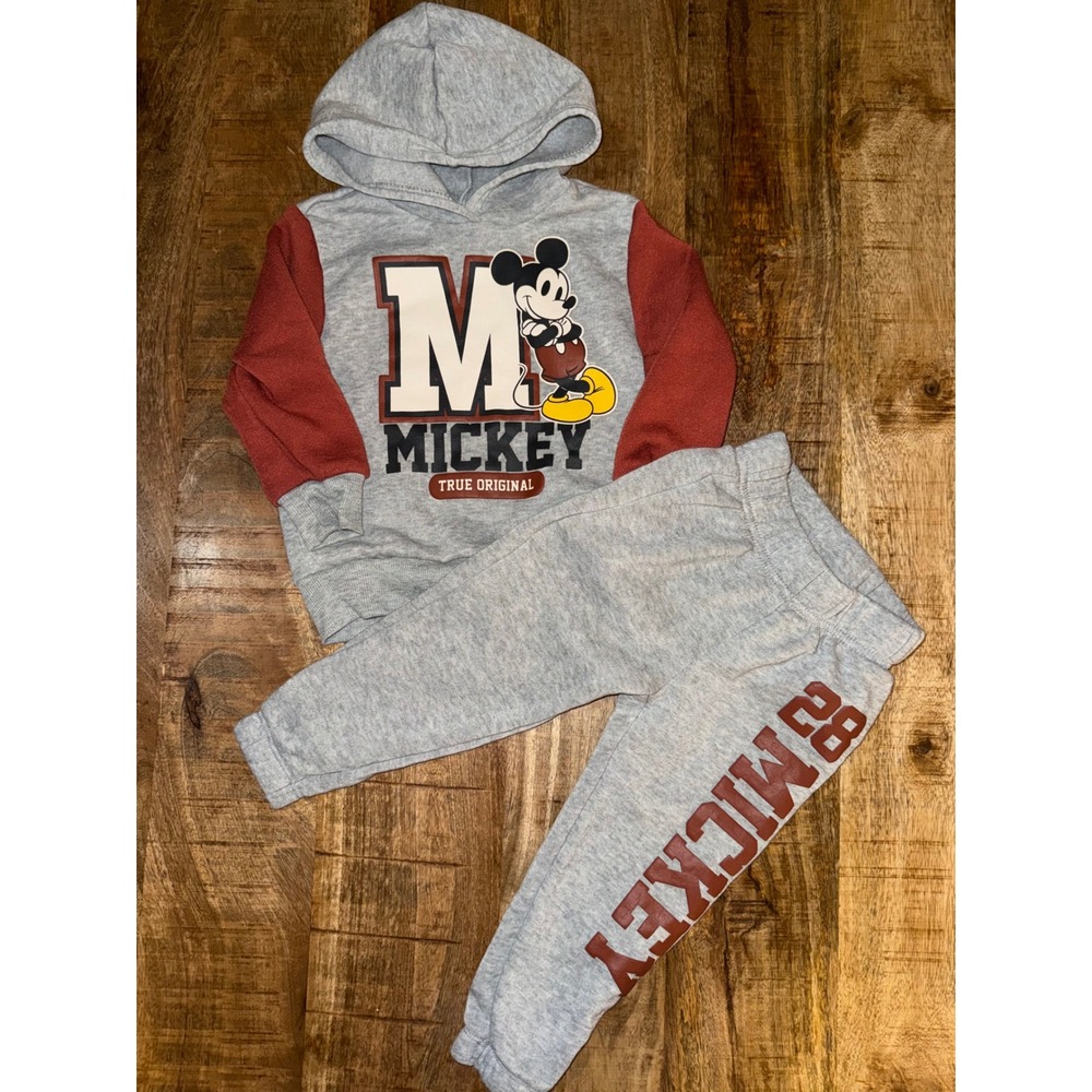 Disney Mickey Mouse Hoodie and Jogger Set Gray Burgundy 2T Fleece Outfit
